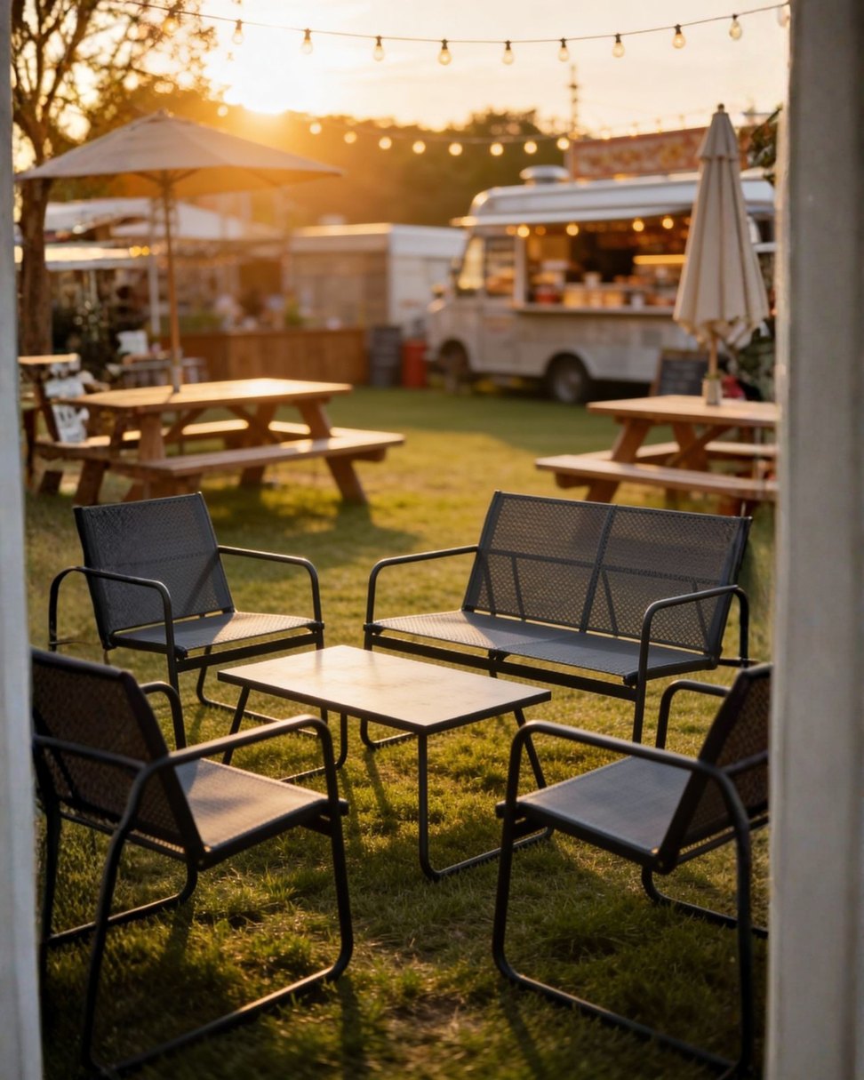 Kit lounge com poltronas e mesa de centro em gramado ao entardecer